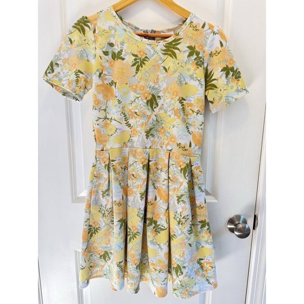 LuLaRoe Amelia Dress Womens M Yellow Green Floral Fit and Flare Zip Back EUC